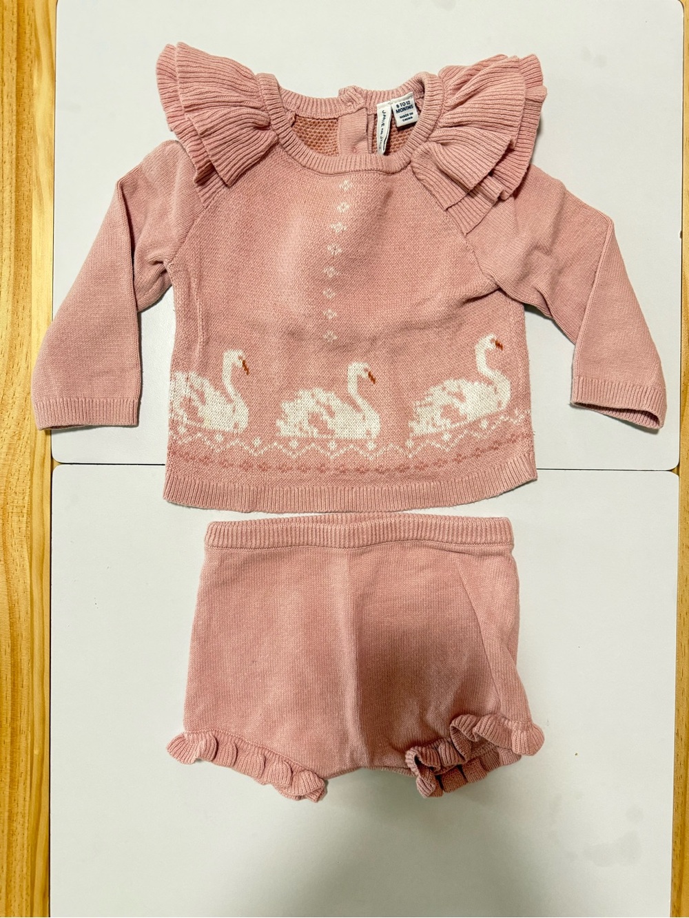 Janie & Jack Pink Swan Knit Baby Set - Ruffled Sweater & Shorts
